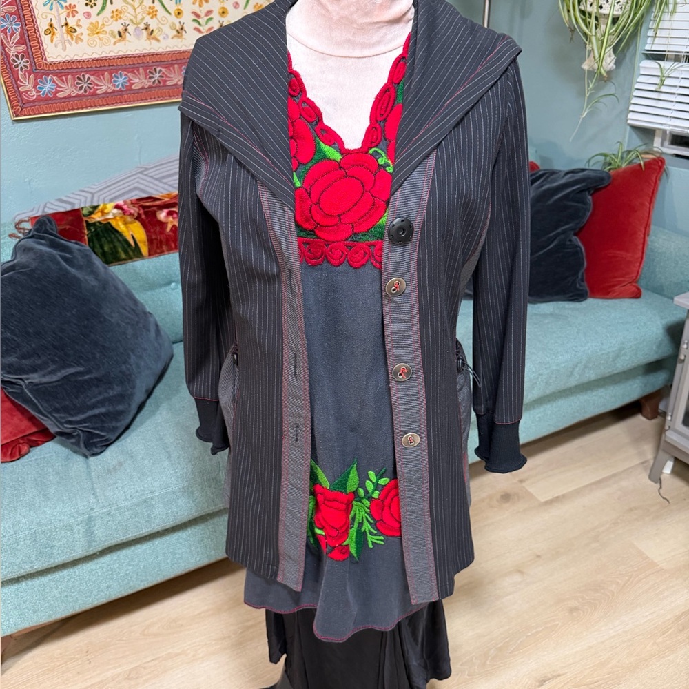 Vintage LanVie Black Pinstripe Hooded Lightweight Black Red Jacket Pinstripe 6 - Picture 2 of 16